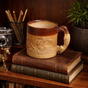 Victorian Salt Glazed Stoneware Hunting Mug, Antique Hound Handle Tankard